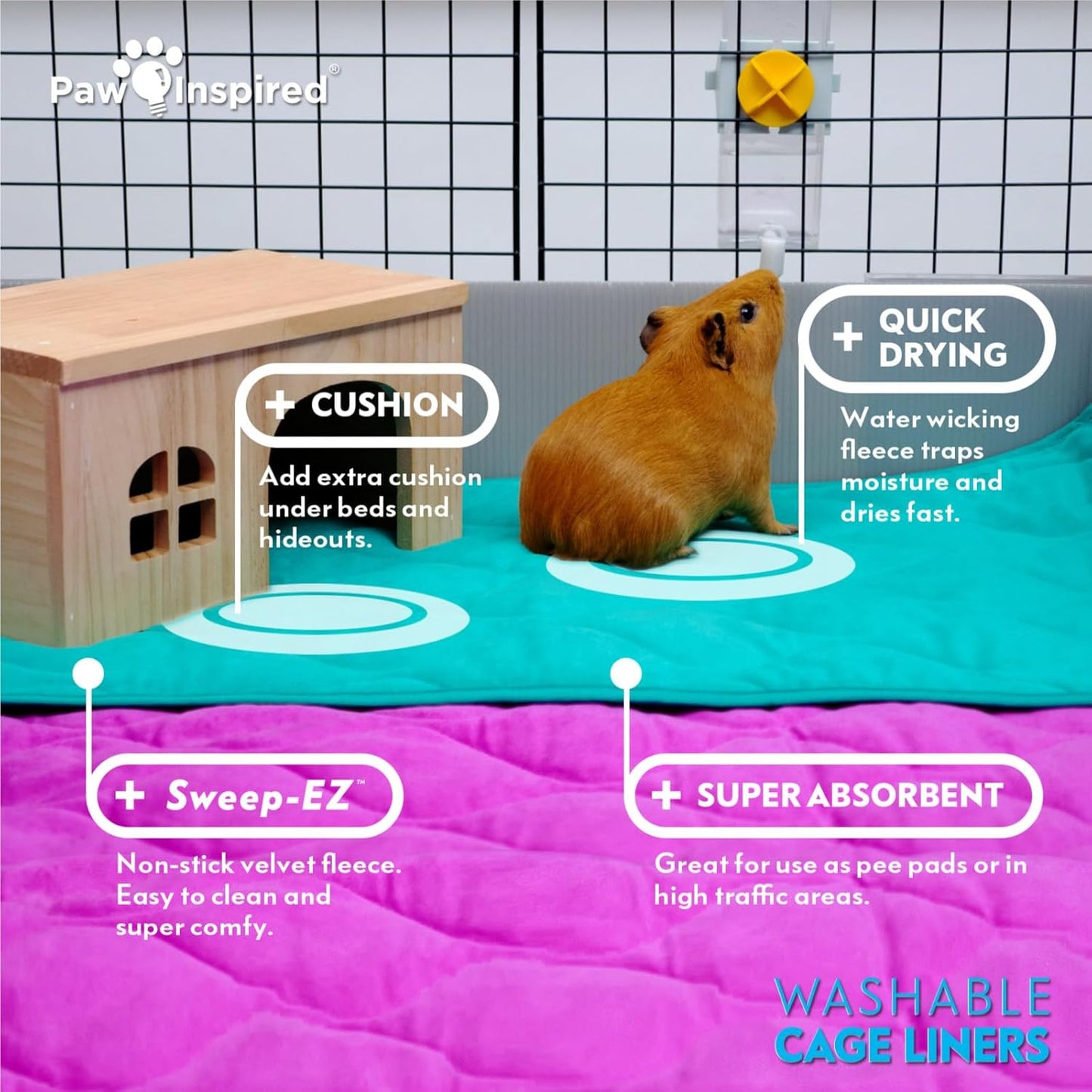 Paw Inspired Guinea Pig Cage Liners | Washable Fleece Bedding with Waterproof Bottom | Super Absorbent Pee Pad or Pet Bed Mat for Guinea Pigs, Ferrets, Rabbits, Hamsters, Small Animals (C&C 2x1, Pink)