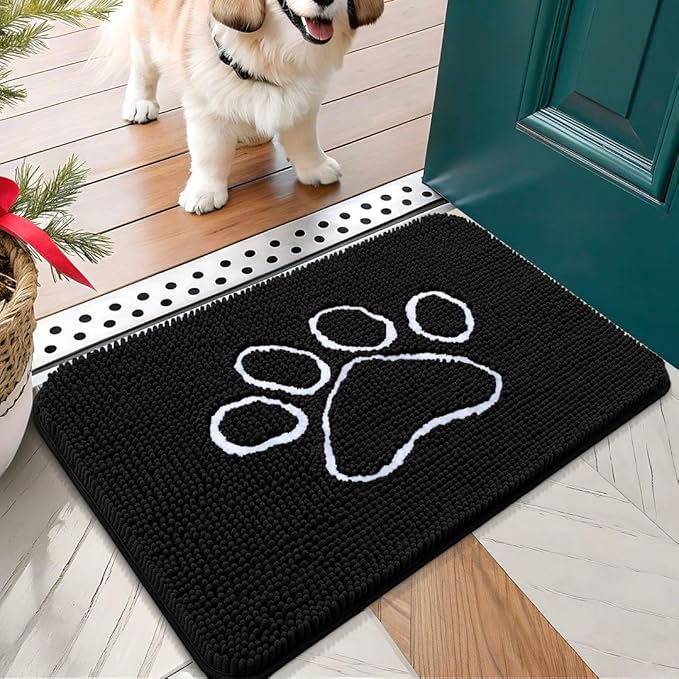 OLANLY Door Mat for Muddy Dog Paws 24x16, Ultra Absorbent Chenille Mud Doormat with Paw Print Design, Non-Slip Washable Doormat for Indoor Entryway, Quick-Dry Pet Bed Mats for Dirty Dogs, Black