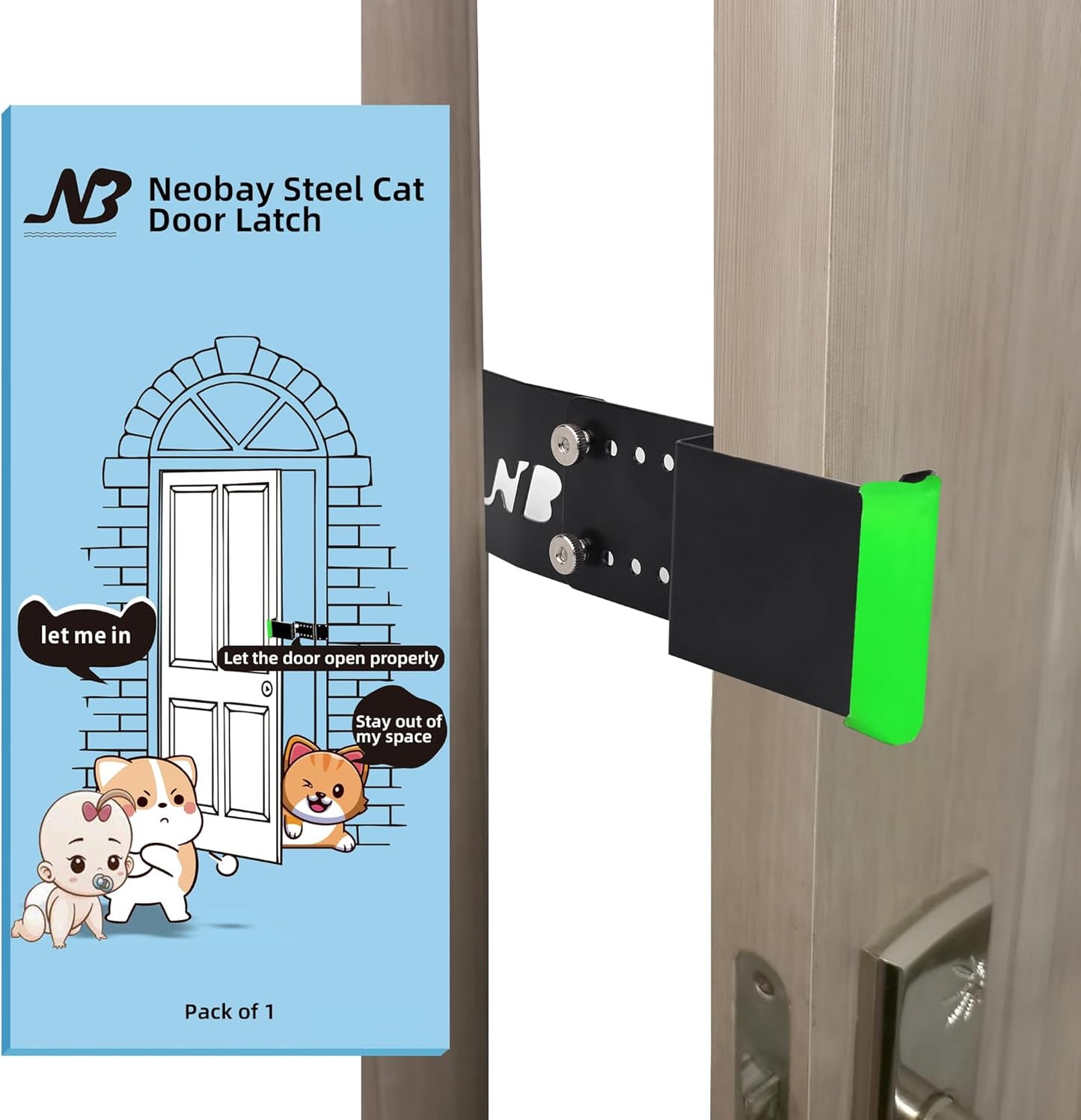 Cat Door Latch, Door Prop for Cats Keep Dogs Out of Cat Feeding Station & Litter Box, Cat Door Stopper with Silicone Anti-Collision Pad, Pet Door Interior Door Alternative, Steel Black
