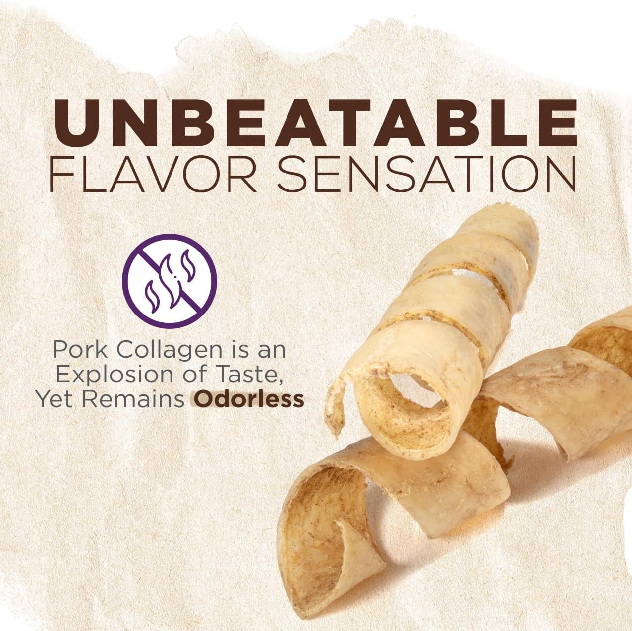 Natural Farm Curly Pork Collagen Sticks (5-6 Inch, 6 Pack), Fully Digestible & Natural Dog Chews, Flavorful & Long Lasting, Best for Small & Medium Chewers, Odor-Free Rawhide Alternative