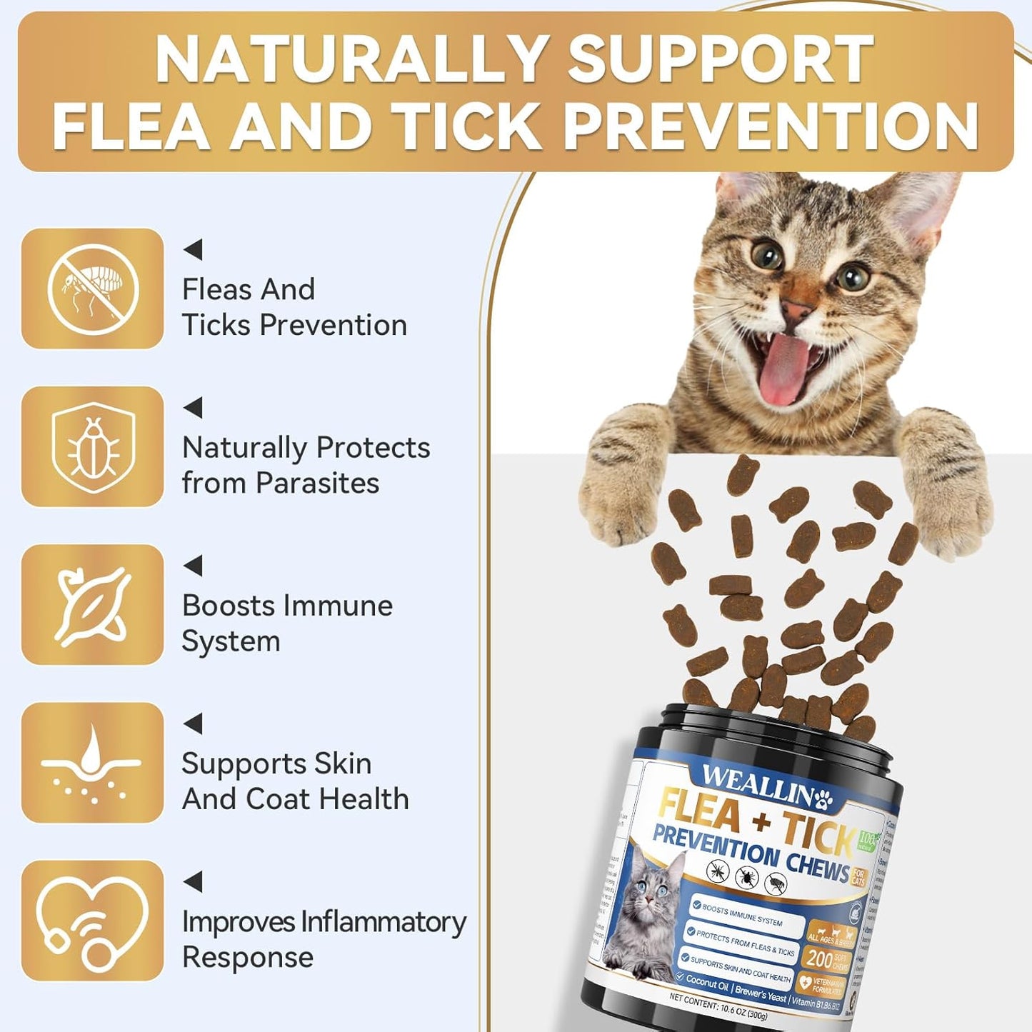 Flea and Tick Prevention for Cats, 200 Soft Chews for Fleas Treatment for Cats, Natural Cat Oral Flea Chewables Support Supplement, Flea and Tick Chews for All Breeds & Sizes