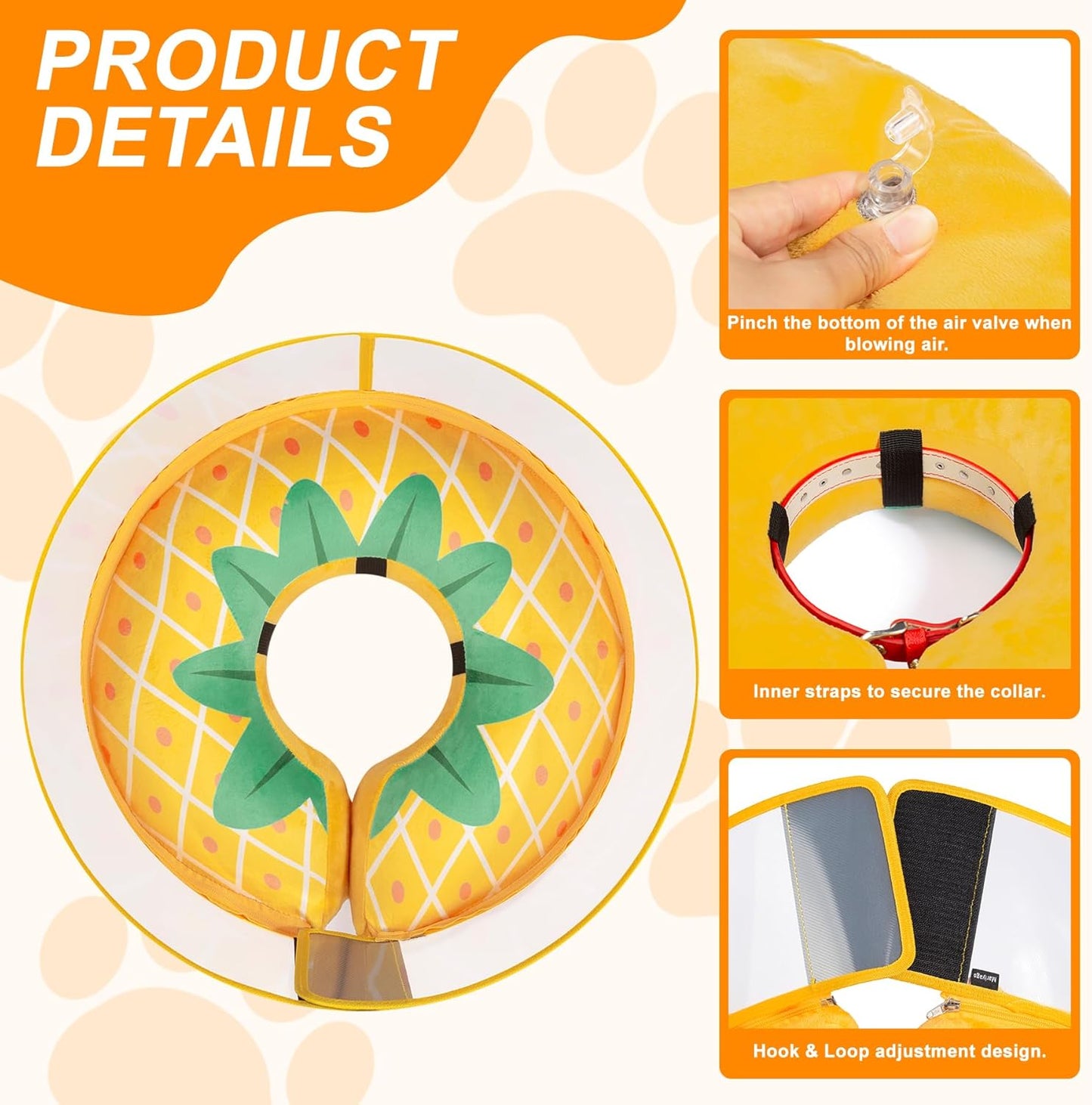 Inflatable Dog Cone Collar for Large Medium Small Dogs, Soft Dog Donut Collar Adjustable Recovery Cone for Pets After Surgery, Extra Enhanced Anti-Licking Guard Shield (Pineapple, Large)