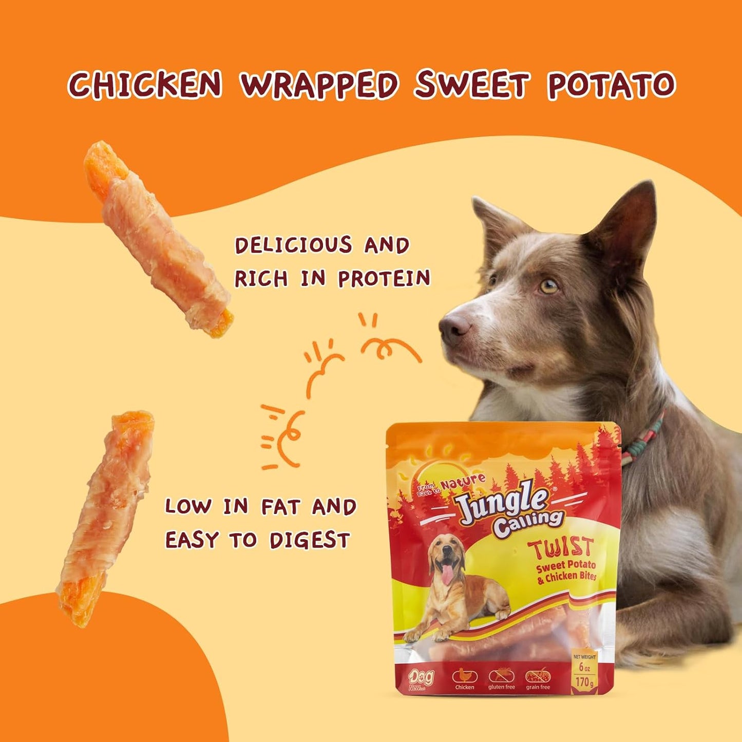 Jungle Calling Dog Treats, Skinless Chicken Wrapped Sweet Potato, Gluten and Grain Free, Chewy Dog Bites for Balanced Nutrition, 6 oz