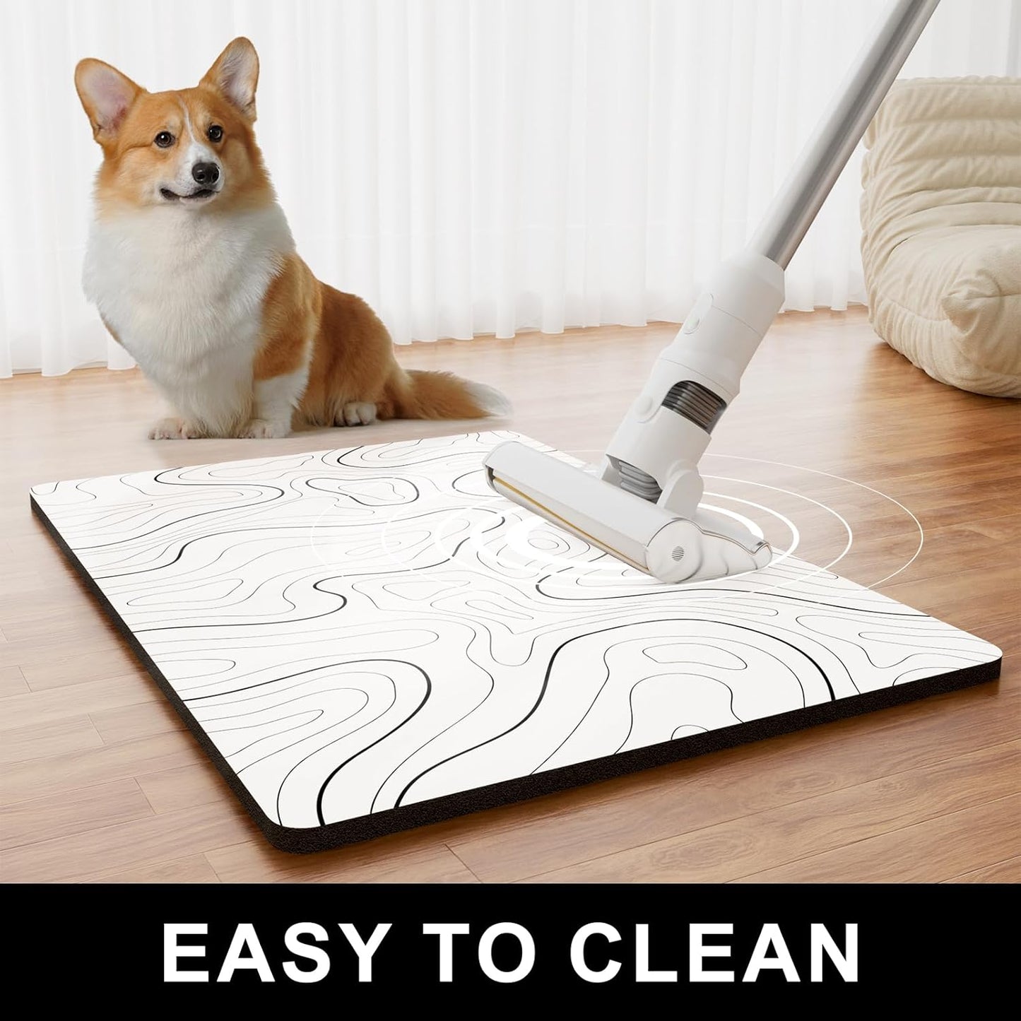 Dog Food Mat, 12" x 19" Absorbent Dog Cat Bowl Mat for Food and Water, Cute Anti-Slip Rubber Pet Feeding Rug Protect Floors, Placemat for Feeding & Watering Supplies, White Line Art