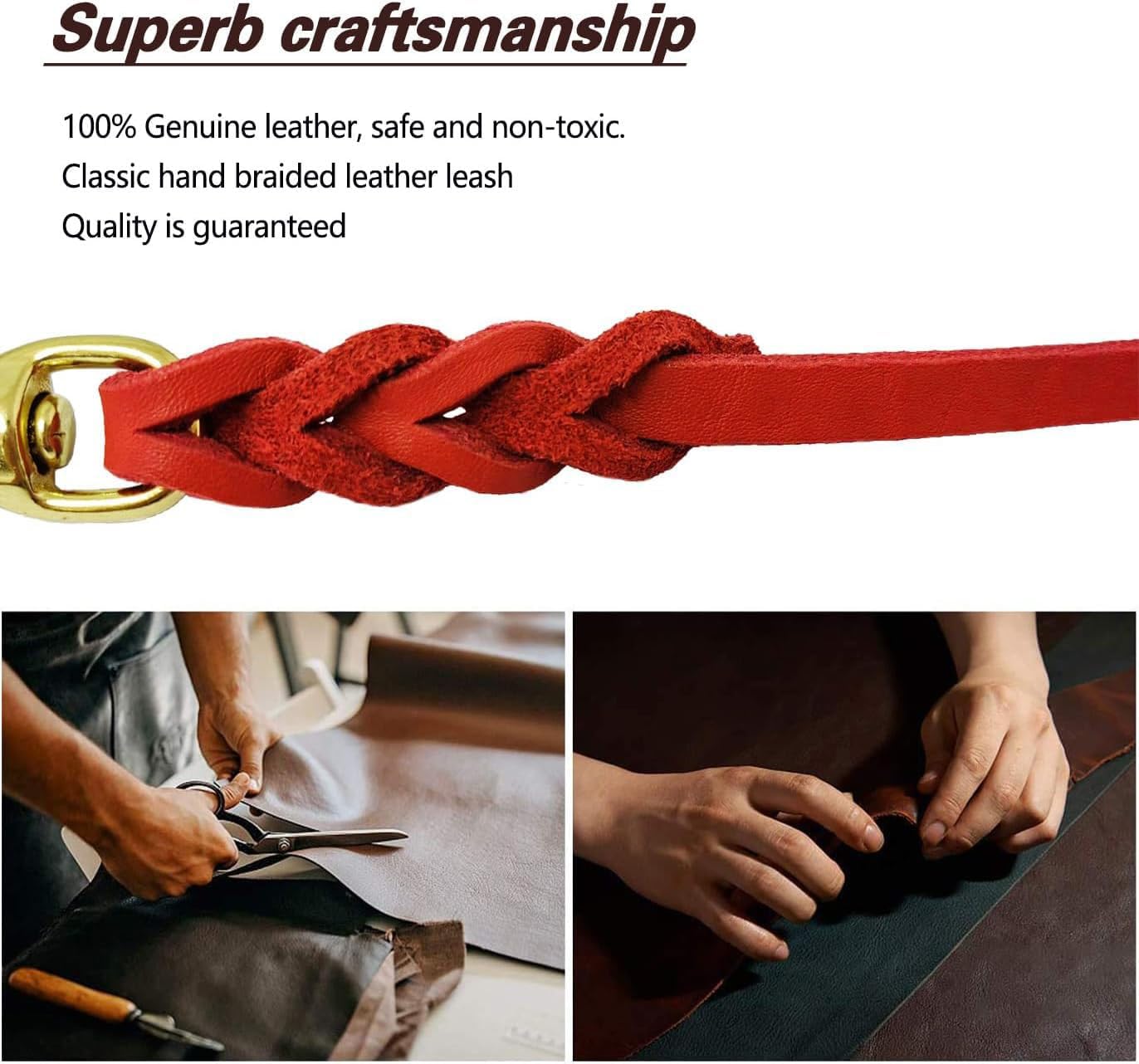 LWBMG Leather Dog Leash - 6ft x 1/2 inch Heavy Duty, Braided, Comfortable Leash for Large, Medium & Small Dogs - Red