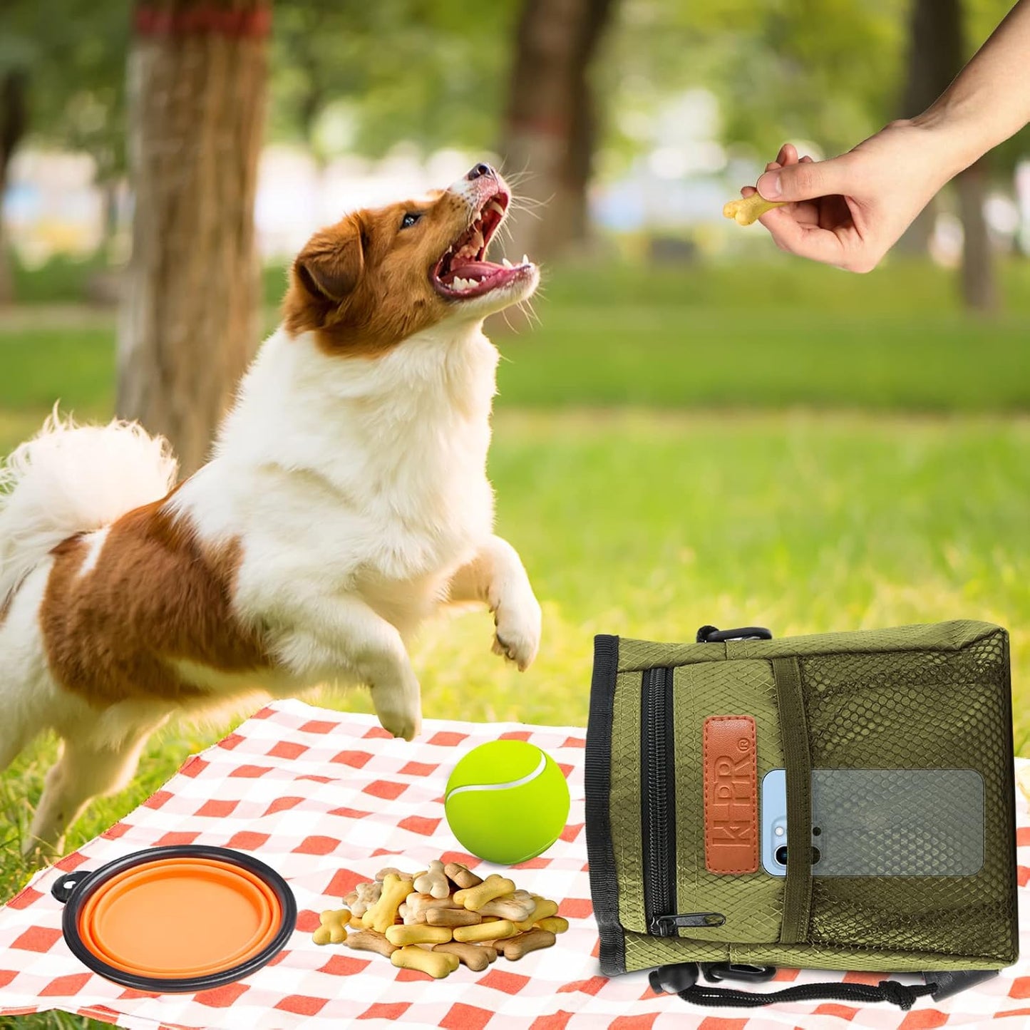 Dog Treat Training Pouch Easily Carries Pet Toys Kibble, Treats Built-in Poop Bag Dispenser 3 Ways to Wear Comes with a Foldable Silicone Bowl(Army Green)