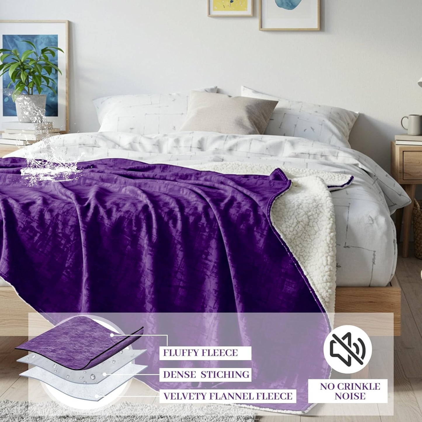 Love Purple Waterproof Bed Blanket, Twin Size 80'' x 60'' Double Side Leakproof Reversible Sherpa Flannel Fleece 3 Layer Lightweight Blanket, Absorbs 50oz