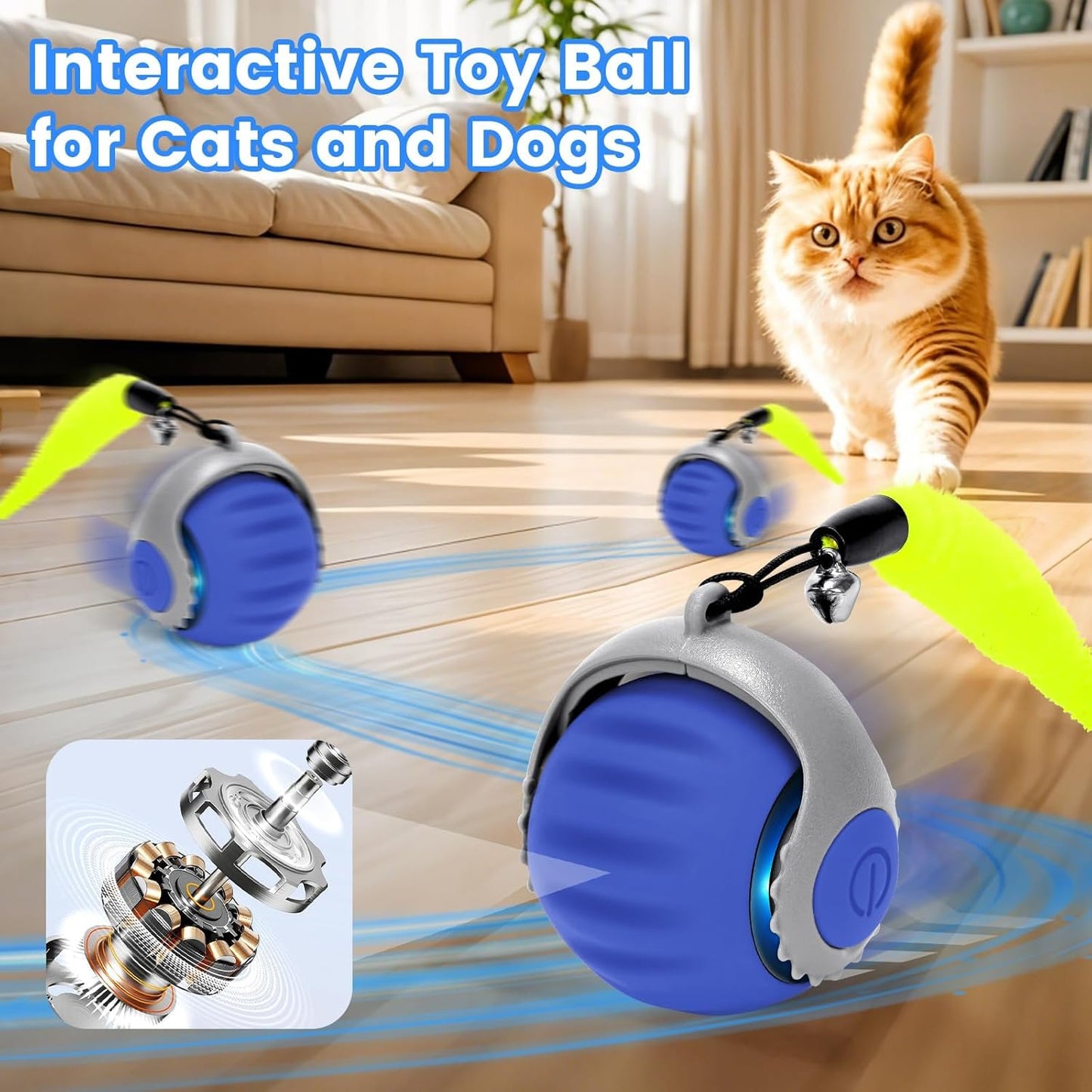 Interactive Cat Ball Speedy Tail 3.0 Pet Toy Rolling Ball, Interactive Toys for Indoor Cats, 360° Smart Automatic Dog Kitten Toy Turbo Tail Electronic Bouncing Balls Extra Tails (Blue&Red)
