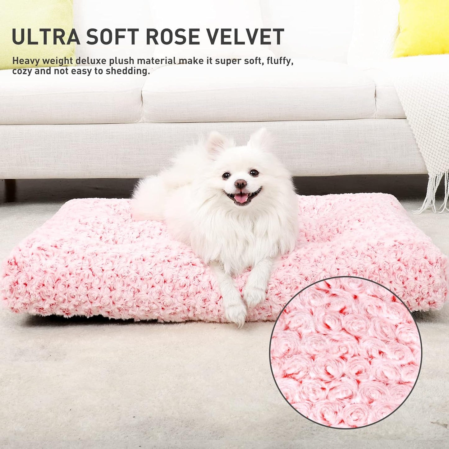 KSIIA Washable Dog Bed Deluxe Plush Dog Crate Beds Comfy Kennel Pad Anti-Slip Pet Sleeping Mat for Large, Jumbo, Medium, Small Dogs Breeds, 23" x 18", Pink