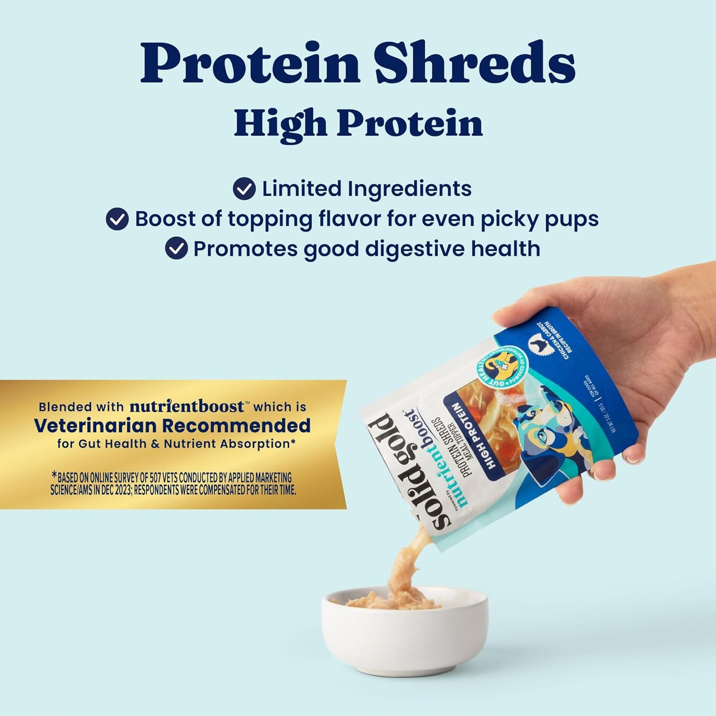 Solid Gold Protein Shreds Dog Food Topper for Dry Food- High Protein Meal Toppers for Dogs w/Chicken Shreds, Broth, Carrots & Superfoods to Supports Muscle Growth, Gut Health & Immunity -12 Pouches