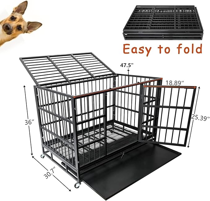Oranland 48/38 Inch Heavy Duty Dog Crate Cage Kennel with Wheels, High Anxiety Indestructible, Sturdy Locks Design, Double Door and Removable Tray, Extra Large XL XXL