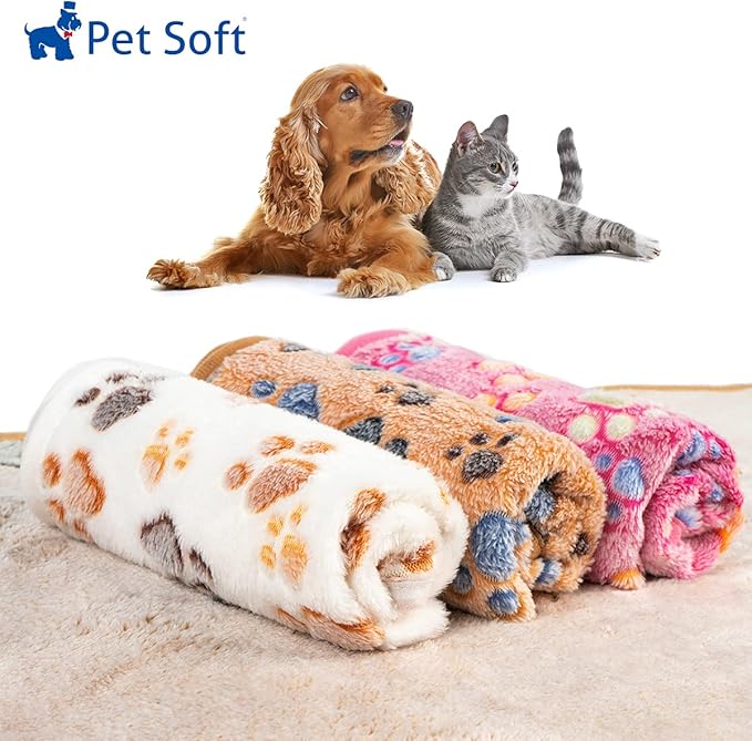 Pet Soft 1 Pack 3 Pet Blankets for Dogs - Fluffy Cats Dogs Blanket for Small Medium & Large Dog, Cute Print Pet Throw Puppy Blankets Fleece (Paws, 3XL)