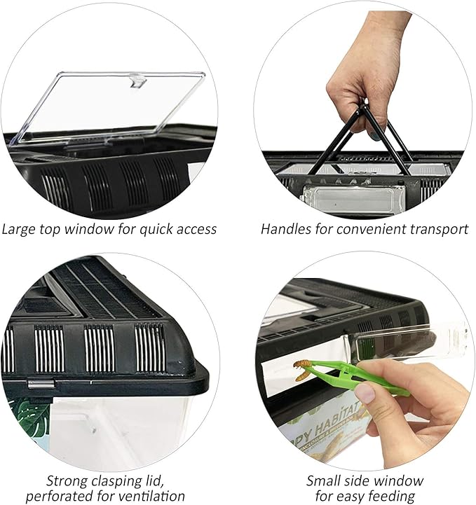 Happy Habitat (Large) - Ventilated Enclosure & Breeder Box - for Live Feeder Insects, Reptiles, Amphibians & Other Small Pets - Durable Plastic Portable Terrarium