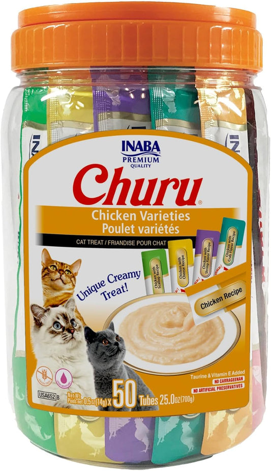 INABA Churu Cat Treats, Grain-Free, Lickable, Squeezable Creamy Purée Cat Treat/Topper with Vitamin E & Taurine, 0.5 Ounces Each Tube, 50 Tubes, Chicken Variety