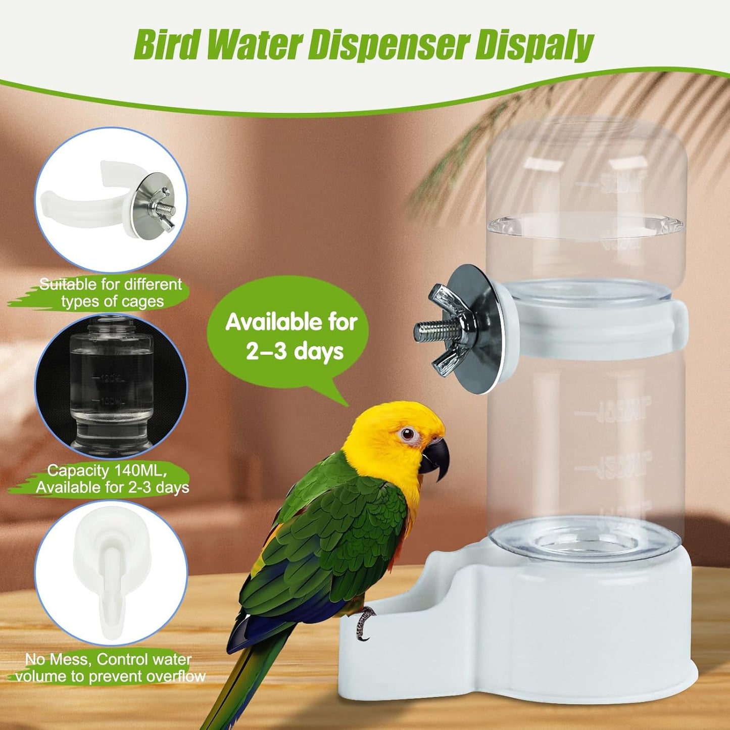 BWOGUE Automatic Bird Water Dispenser, 4.73 Fl Oz Parakeet Water Dispenser for Cage No Mess Suspended Bird Water Feeder for Cockatiel Budgie Conure Lovebirds
