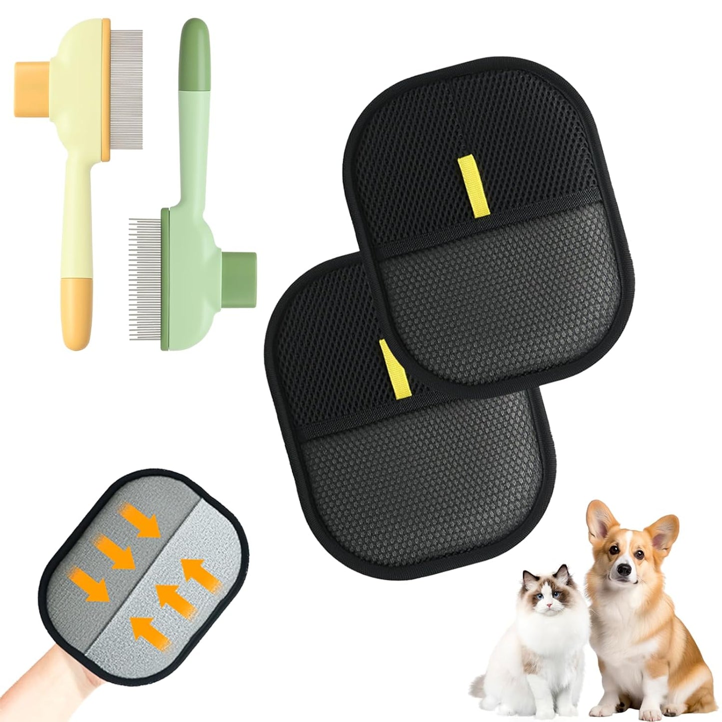 Cat and Dog Flea Comb with Pet Hair Removal Glove, Portable Pet Cleaning Set for Massage and Grooming, Deshedding, Fur Cleaning (4-PCS)