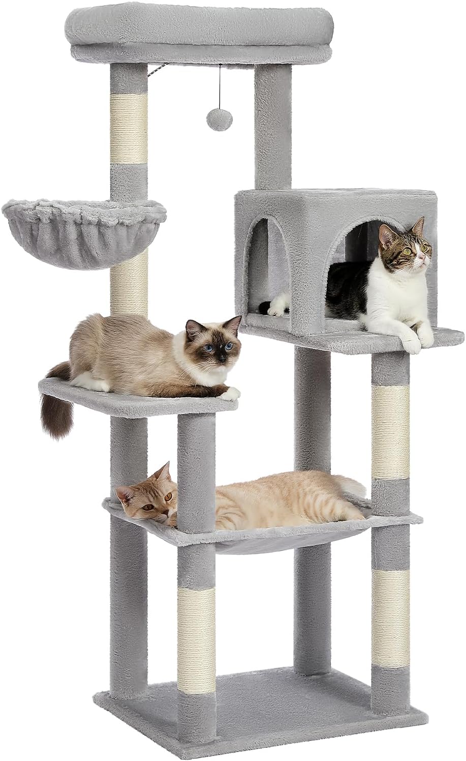 PAWZ Road Cat Tree, 56 Inches Tower Condo with Large Top Perch & Hammock, Cat Tower with Scratching Posts for Indoor Cats，Gray