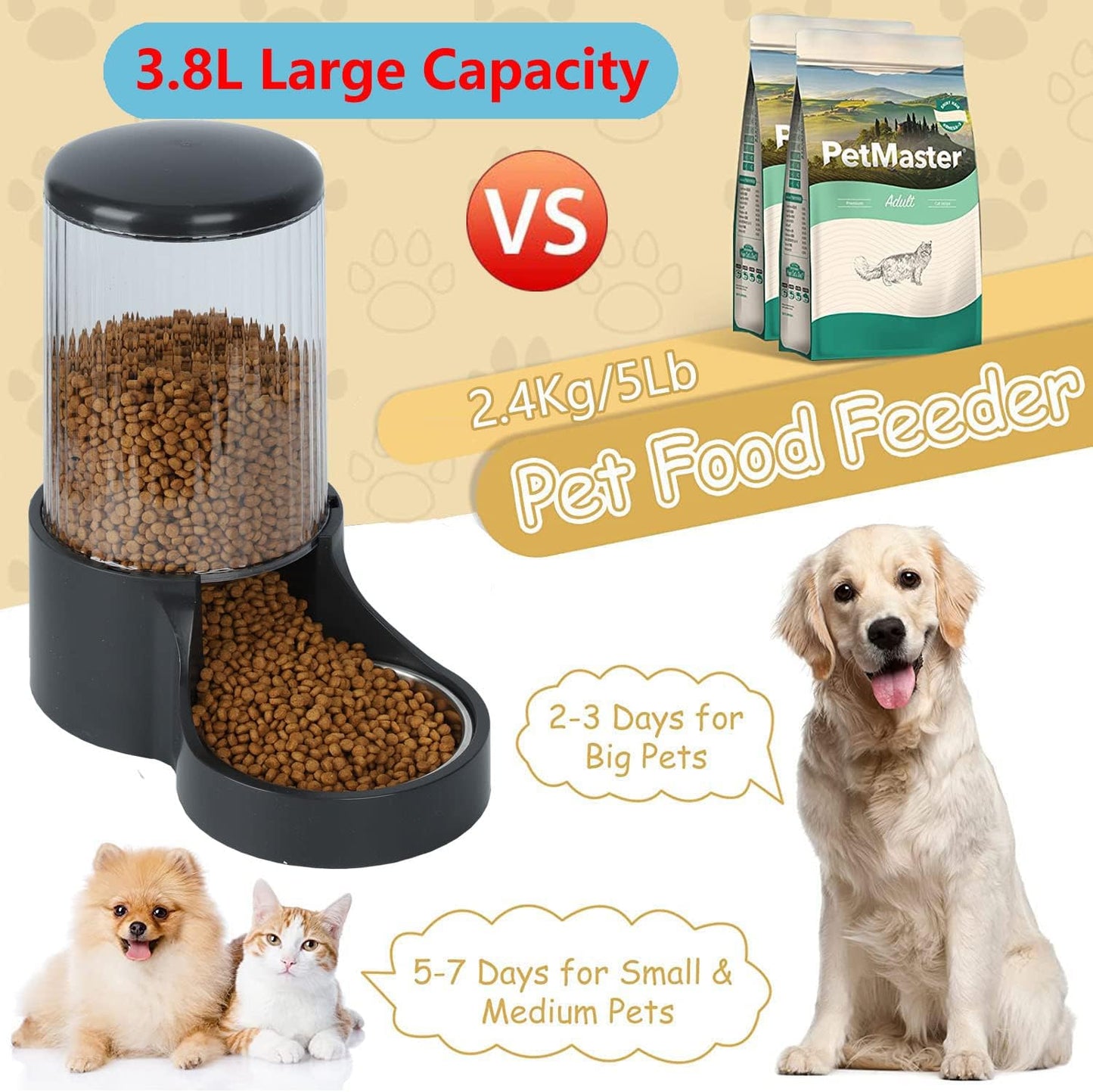 Automatic Cat Feeder, 3.8L Large Gravity Cat Food Dispenser with Detachable Top Lid, Visible Bottle and Stainless Steel Bowl for Pets (Black)