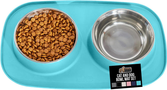 GORILLA GRIP Feeding Mat Set, Patent Pending 100% Waterproof BPA Free Silicone, Stainless Steel Cat and Dog Bowls, Slip Resistant, Edges Catch Water, Food, US Designed Pet Accessories, 2 Cup Turquoise
