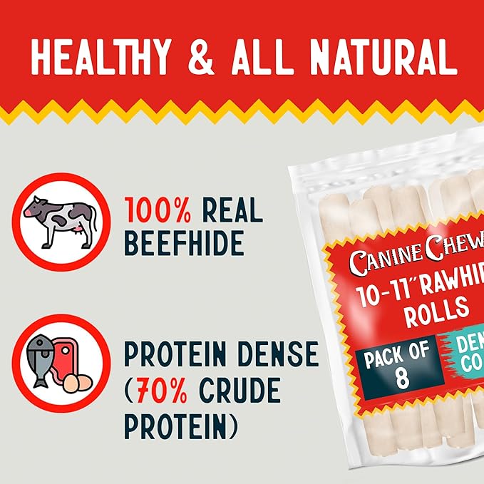 Canine Chews 10-11" Dental Coated Jumbo Rawhide Retriever Rolls (8 Pack) - Breath Freshening & Long Lasting Dental Chews for Dogs Large Size - Teeth Cleaning Dog Treats for Aggressive Chewers