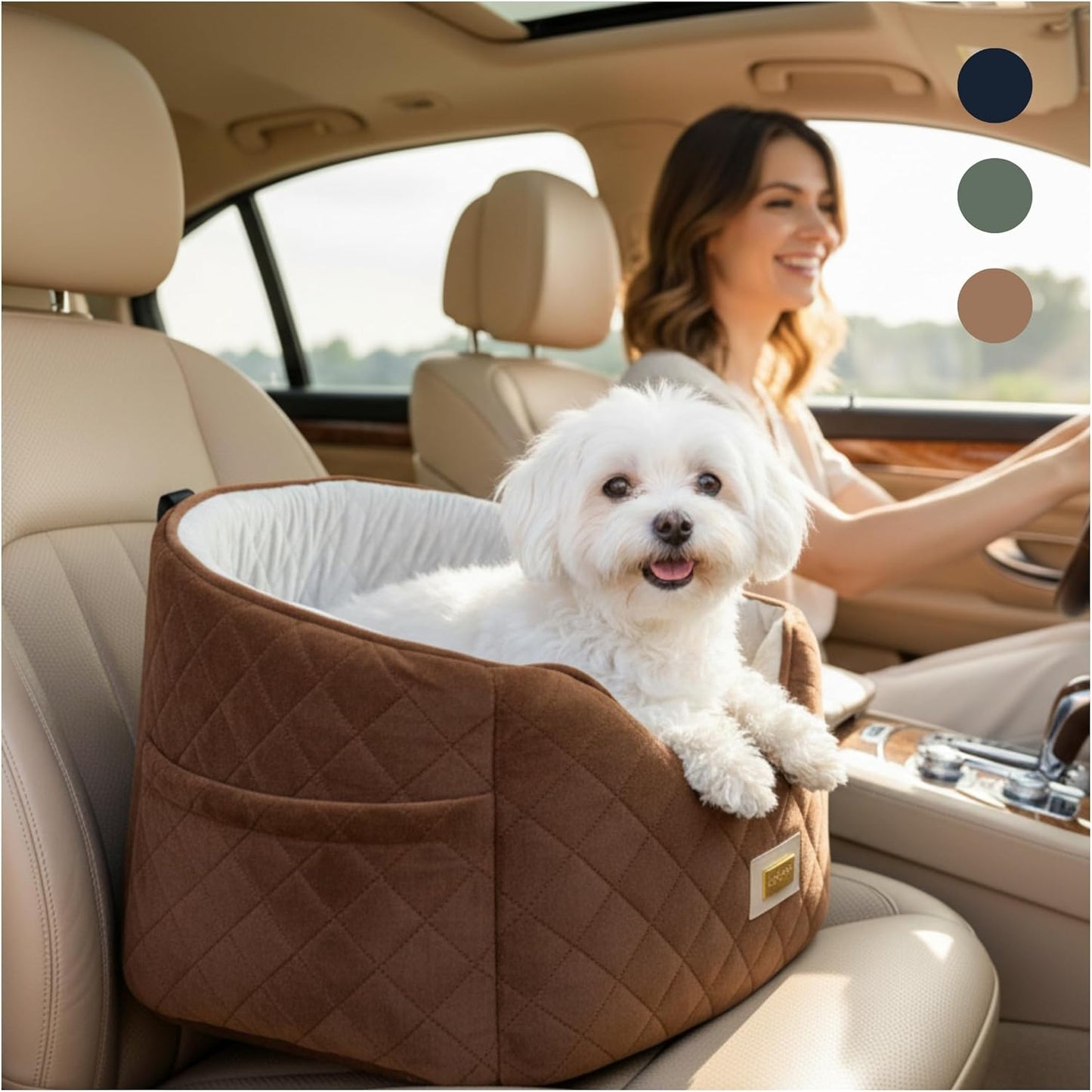 Premium 2-in-1 Dog Car Seat & Home Bed for Small Dogs – Premium Travel Pet Bed with Safety Straps, Stylish Design, Soft Plush Cushion & Secure Portable Comfort – Under 30lbs (Brown)