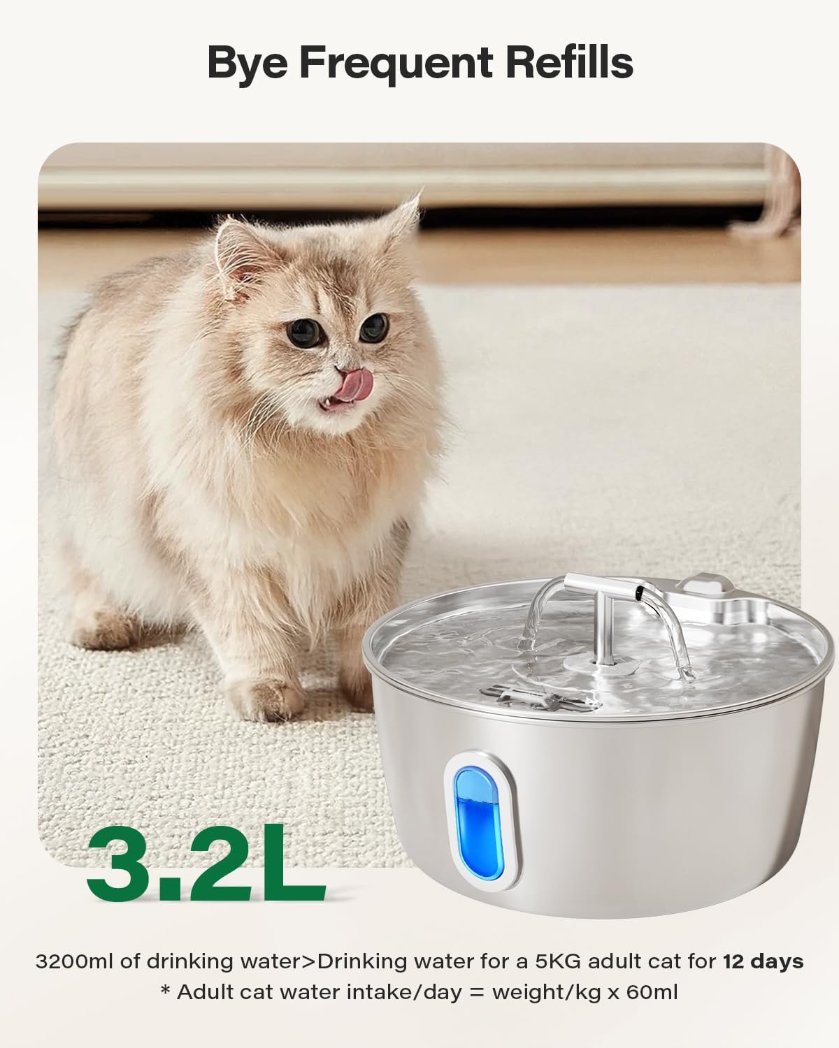 Cat Water Fountain Stainless Steel - 3.2L/108oz Pet Water Fountain for Cats Indoor - Automatic Pet Watering Dispenser (1 Filter)