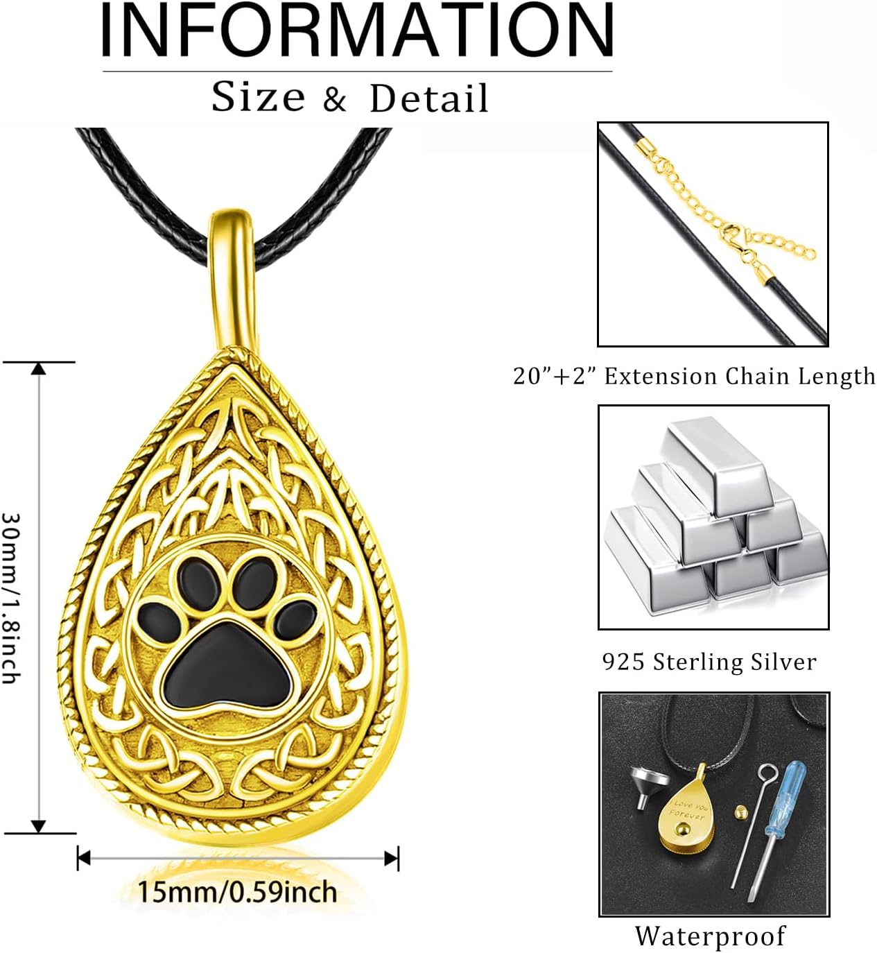 Dreamboat Pet Urn Necklace for Dog Cat Ashes 925 Sterling Silver Paw Print Cremation Keepsake Pendant Celtic Knot Memorial Jewelry Gifts for Women Men