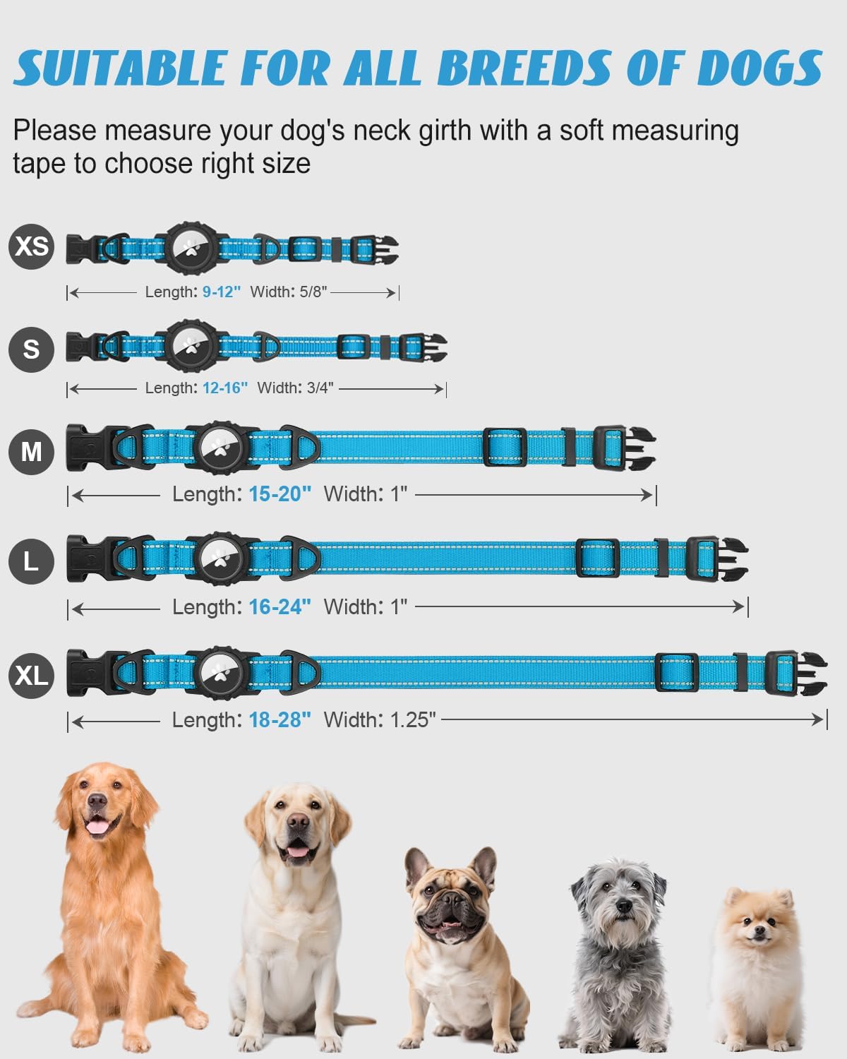 Joytale Airtag Dog Collar, Reflective Pet Collar with Waterproof AirTag Holder, Dual D-Rings, Soft Padded Adjustable for Small Dogs, SkyBlue, S