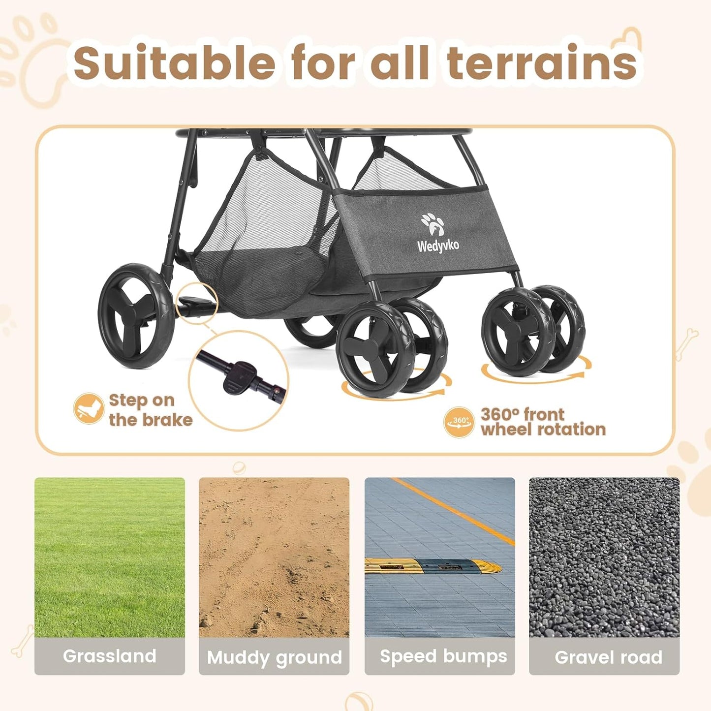 Pet Stroller, 4 Wheels Pet Strolling Cart for Medium/Small Dogs and Cats, Foldable Cat Jogger/Dog Stroller with Cup Holder, Storage Basket, Breathable Mesh, All-Season Pet Carrier (Dark Grey)