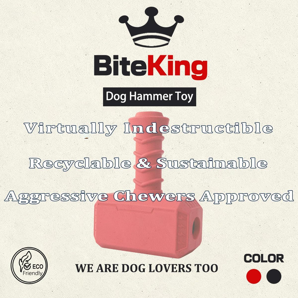 Natural Rubber Dog Toys for Large Aggressive Chewers - Lifetime Replacement - Indestructible Fetch Treat Toy for Large Dogs - Durable Hammer Dog Chew Toy for Super Chewer, Red