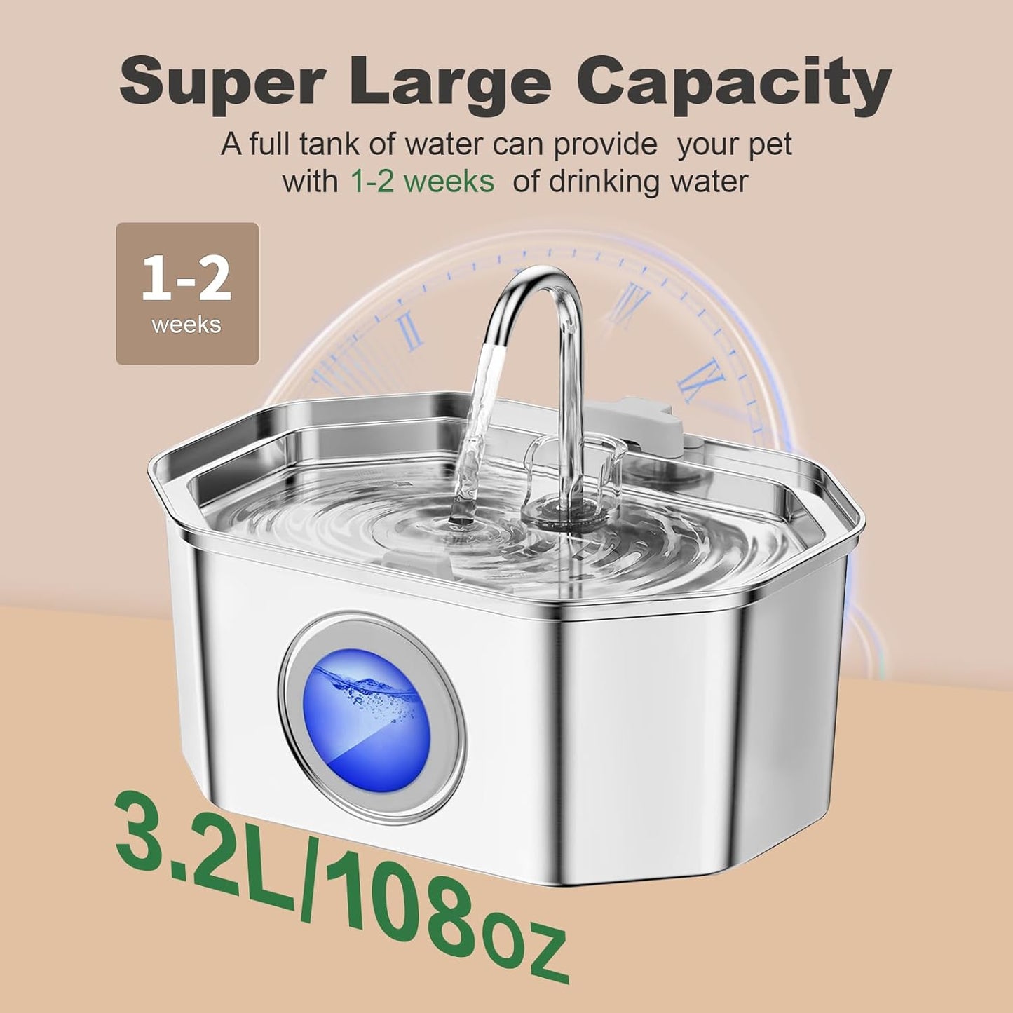 Cat Water Fountain Stainless Steel 108oz/3.2L, APAUK Automatic Pet Fountain Dog Water Dispenser with Water Level Window, Quiet Cat Fountain for Drinking, Inside with Replacement(1 Filters&1 Sponges)