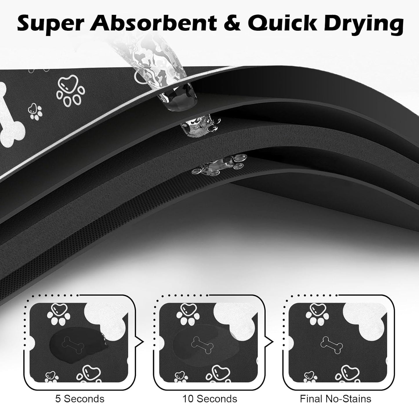 Pet Feeding Mat,Rapid Absorbent Mats for Dog Cat Food, Dog Placemat Water Bowl Mat with Rubber Backing,Messy Drinkers to Protect Floors, Pet Accessories 16"×24" Black