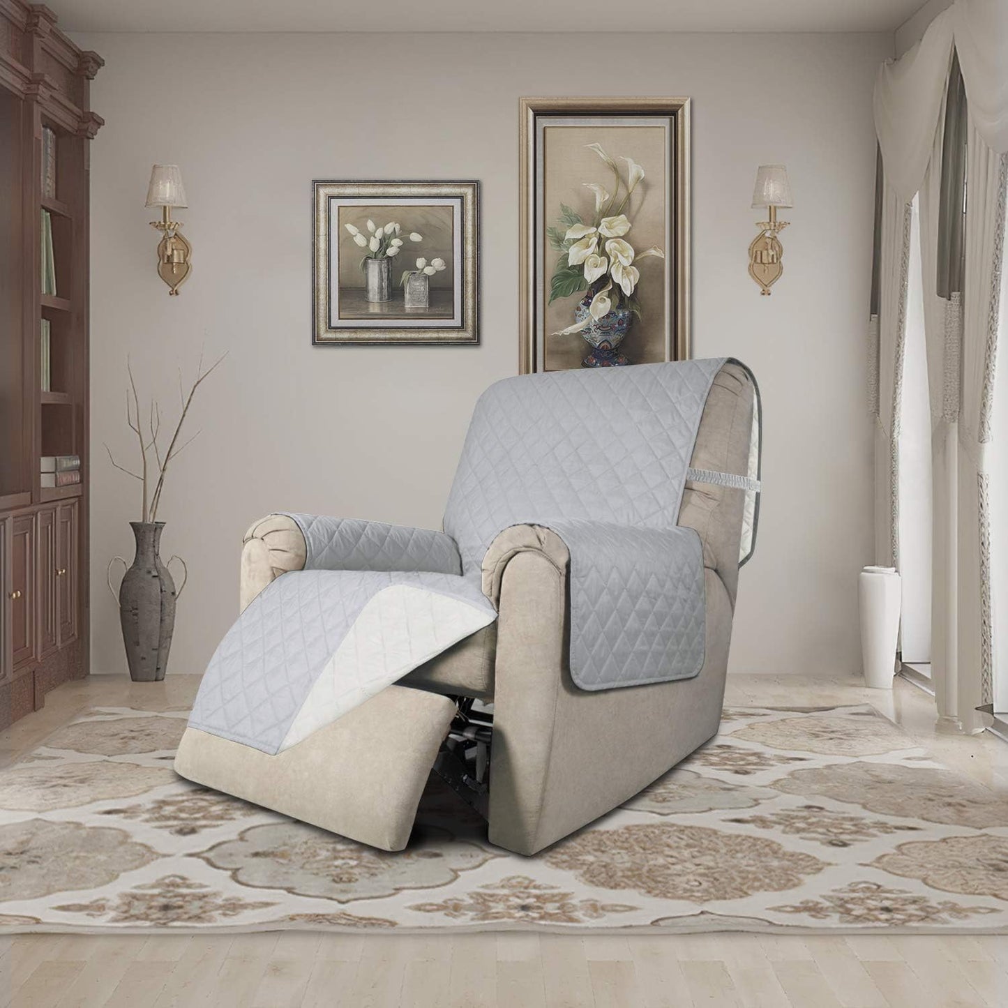 Easy-Going Recliner Sofa Slipcover Reversible Sofa Cover Water Resistant Couch Cover Furniture Protector with Elastic Straps for Pets Kids Children Dog Cat (Recliner, Light Gray/Ivory)