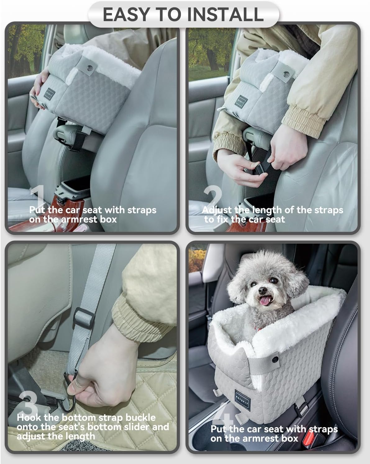 PETSFIT Dog Car Seats for Small Dogs with Safe Protection Hooks, Small Dog Car Seat with Upgraded Safety Tethers, Washable Cushion, Center Console Dog Car Seat for Pets Under 8 Lbs (Light Grey)
