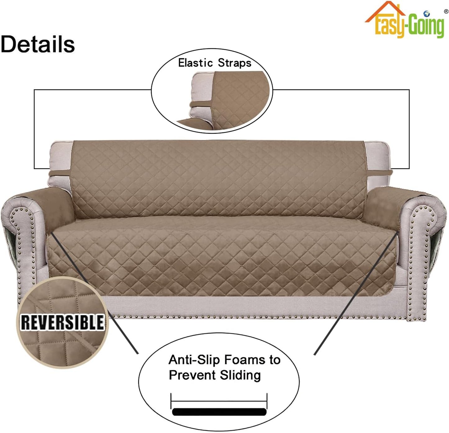 Easy-Going 4 Seater Sofa Slipcover Reversible Sofa Cover Water Resistant Couch Cover with Foam Sticks Elastic Straps Furniture Protector for Pets Children Dog Cat (XX-Large, Beige/Beige)