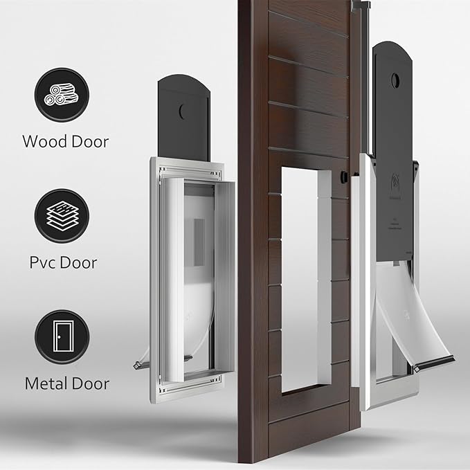 [Classicmacher] Heavy Duty Doggie with Two Sliding Lock Panel, Aluminum Large Dog Door for Exterior Door, Magnetic Double Flaps for X-Large and Large Dog Up to 200LBS(X-Large,Silver)