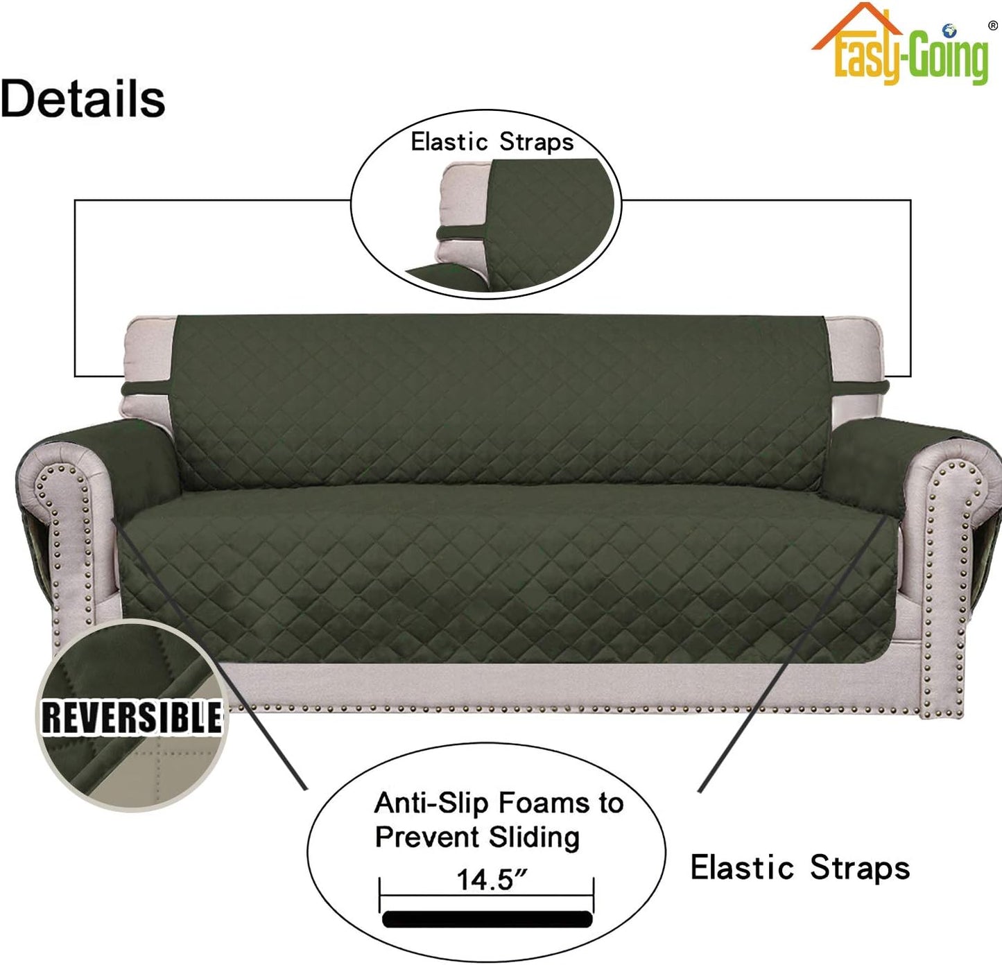 Easy-Going Reversible Loveseat Couch Cover for 2 Cushion Couch Sofa Cover for Dogs Water Resistant Furniture Protector with Foam Sticks Elastic Straps for Pet (Loveseat, Army Green/Beige)