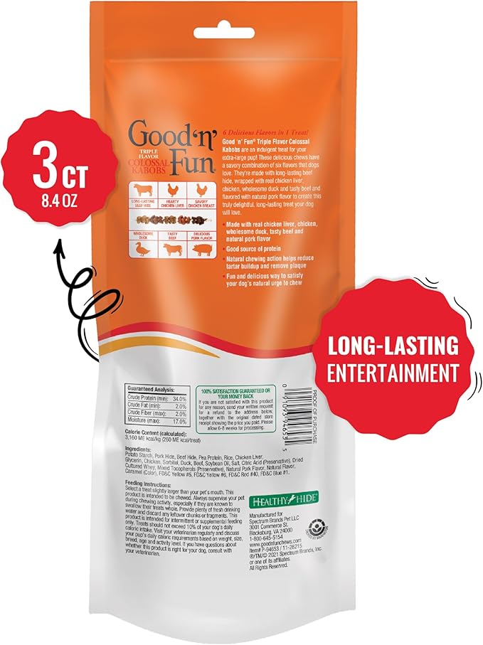 Good 'n' Fun Triple Flavor Colossal Kabobs, 3 Count, Treat Extra-Large Dogs to Long-Lasting Rawhide Chews