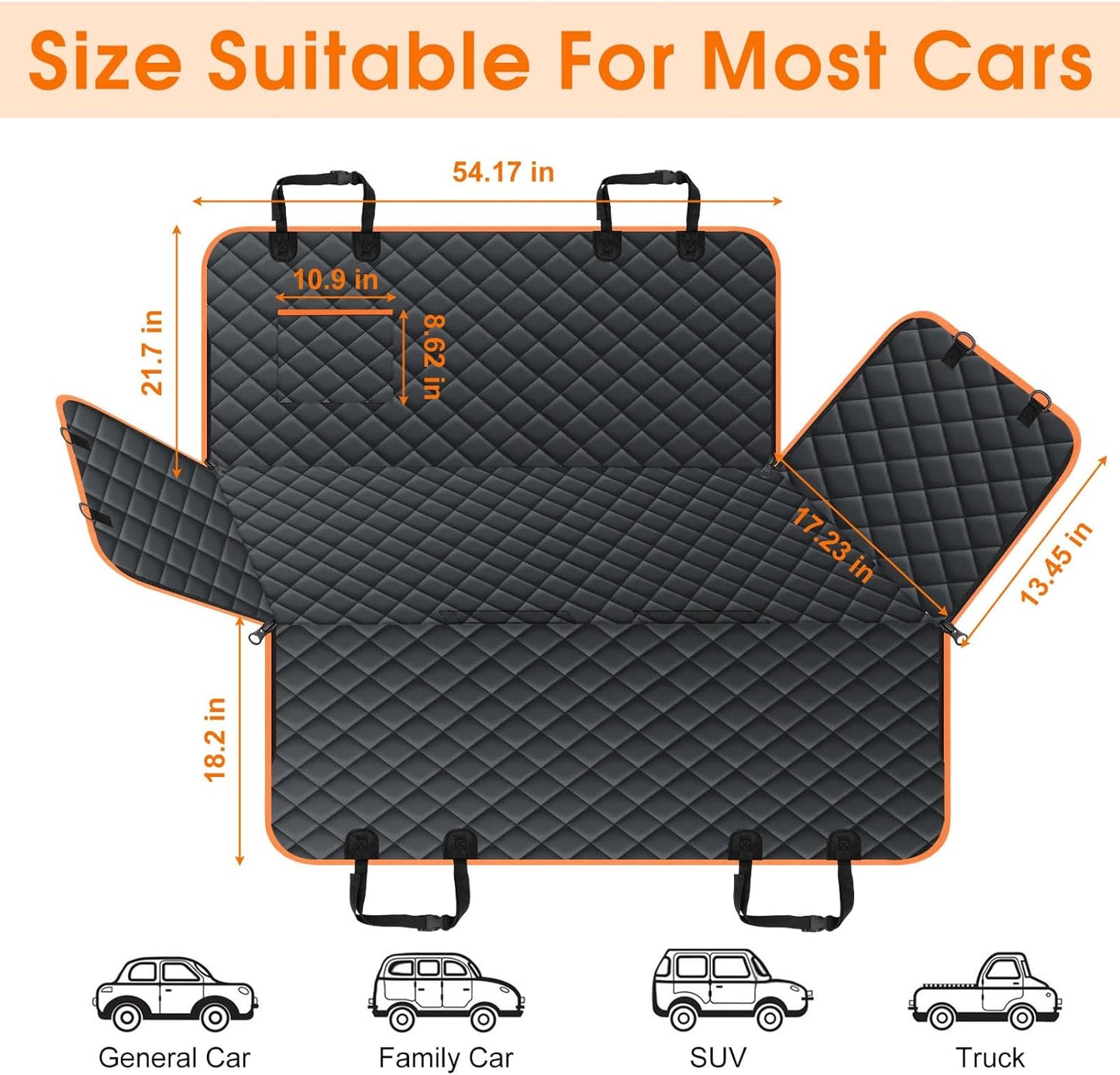 Waterproof Dog Car Seat Cover for Back Seat - Durable, Scratch Proof Pet Hammock with Nonslip Design & Storage Pockets, Fits Cars, SUVs, Trucks- S, Black/Orange