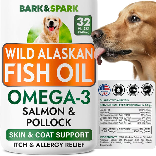 Bark&Spark Fish Oil for Dogs - Natural Omega-3 - Skin & Coat Support - Liquid Food Supplement for Pets - Natural EPA + DHA Fatty Acids for Joint Function, Immune & Heart Health 32oz - Salmon