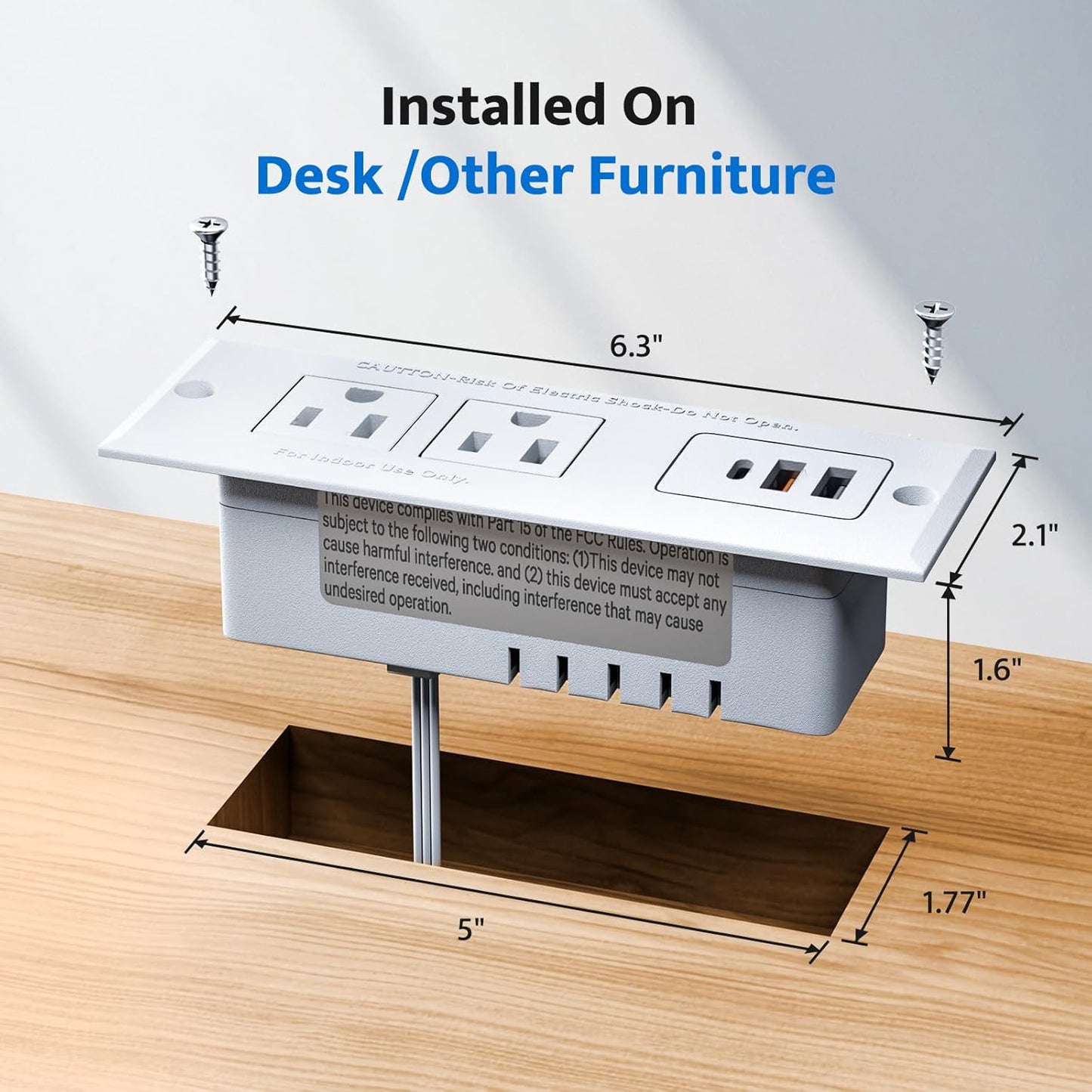 DOACE Recessed Power Strip with 18W USB C Fast Charging Conference Recessed Outlet,Space-Saver for Furniture Side Table,2 AC Outlets,3 USB Ports,6ft Cord, 45° Thin Flat Plug, White
