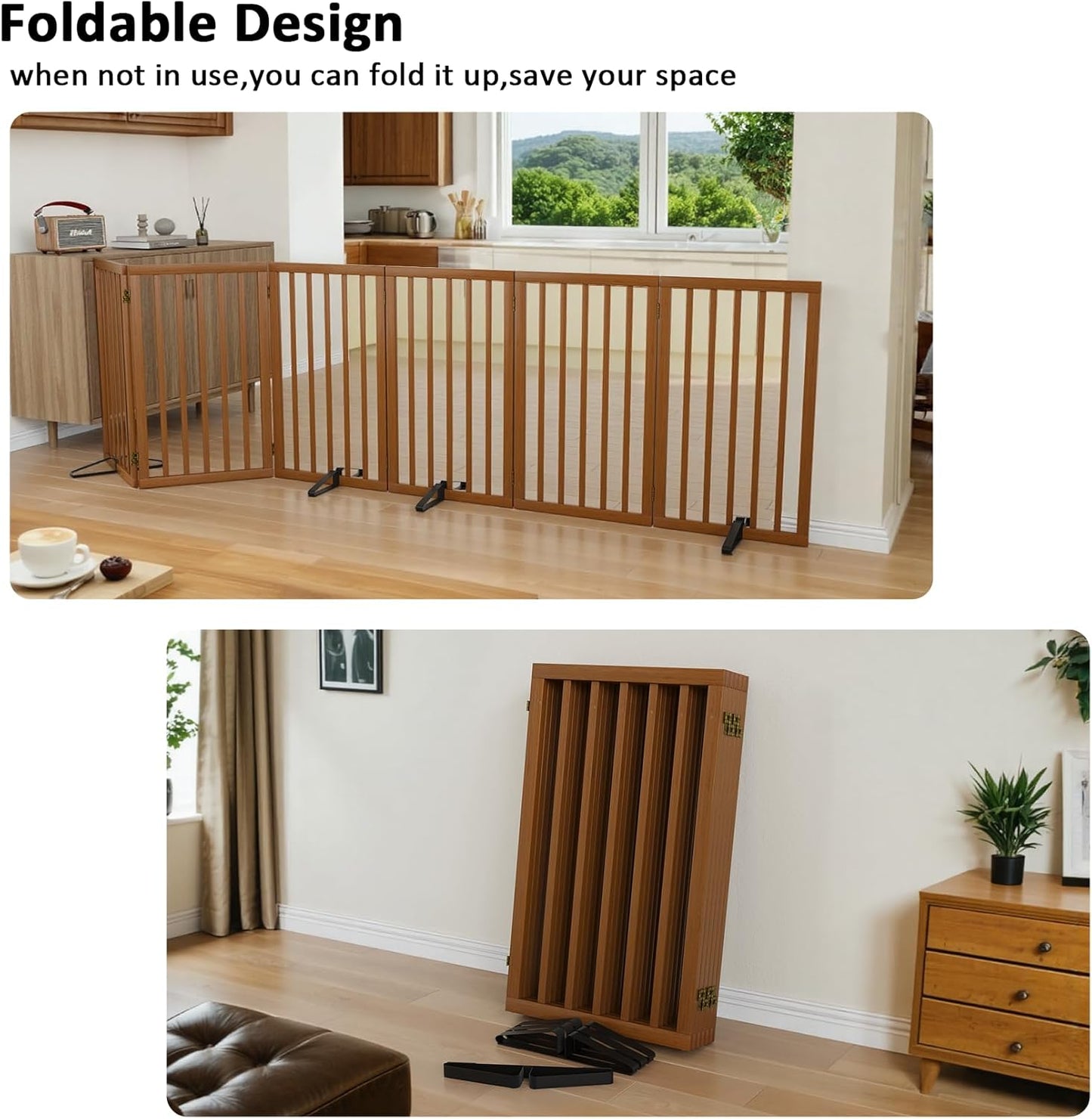 Dog Gate 32" Tall Foldable Dog Gate for Doorways Freestanding Pet Gate for Dogs Indoor (Walnut,6 Panel)