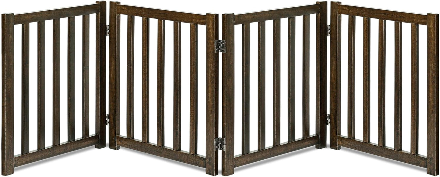 LZRS 4-Panel Wooden Free Standing Foldable Dog Gate Indoor – 24" High, Extra Wide Step-Over Safety Pet Gate for Doorways, Stairs, Hallways, Large Spaces & Playpen for Puppies Indoor Use, Walnut