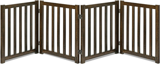 LZRS 4-Panel Wooden Free Standing Foldable Dog Gate Indoor – 24" High, Extra Wide Step-Over Safety Pet Gate for Doorways, Stairs, Hallways, Large Spaces & Playpen for Puppies Indoor Use, Walnut