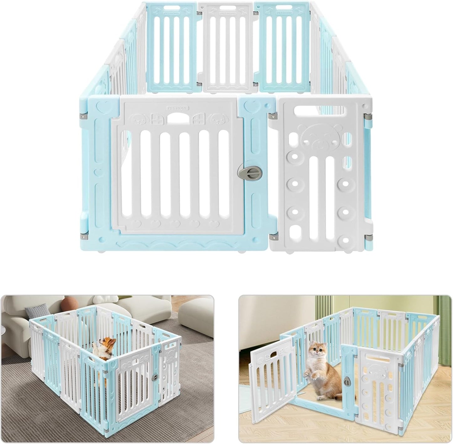 Dog Playpen with Door, 12 Panels Pet Safety Fence Foldable Puppy Pen Indoor Dog Fence, Plastics Enclosure Dog Pen Indoor for Small Dogs and Cats, Easy Assemble (Blue)