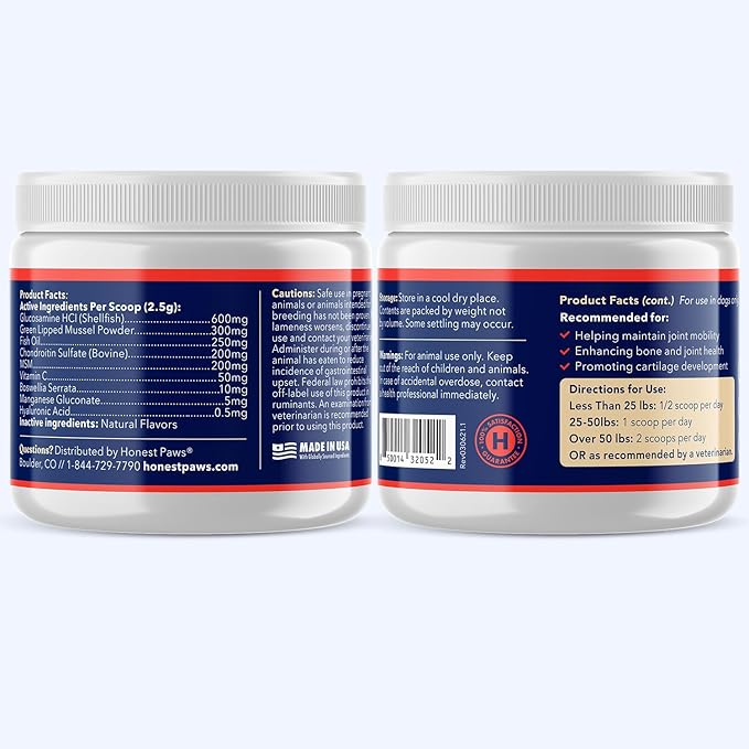 Honest Paws Joint Supplement for Dogs - Supports Mobility, Hip & Joint Health, Eases Stiffness - Glucosamine, Green Lipped Mussel, Fish Oil, Chondroitin Sulfate, MSM, Vitamin C
