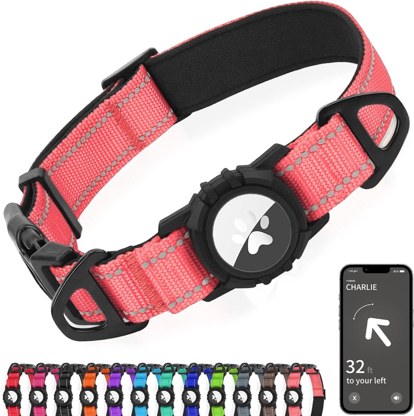 Joytale Airtag Dog Collar, Reflective Pet Collar with Waterproof AirTag Holder, Dual D-Rings, Soft Padded Adjustable for Extra Small and Puppy Dogs, Neon Pink, XS