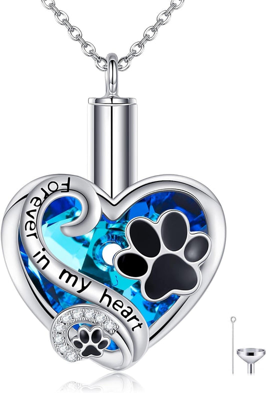 Pet Ashes Necklace 925 Sterling Silver Heart Urn Necklace with Paw Print Cremation Jewelry for Dog Cat Ashes