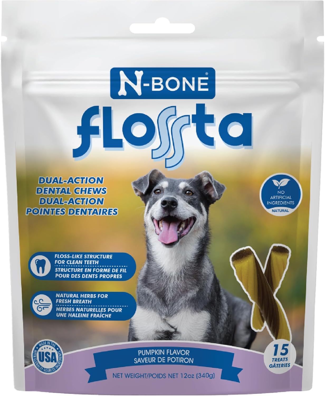N-Bone Flossta Dual Action Dental Chews for Dogs, Unique Twist Shape for Deep Teeth Cleaning and Proactive Dental Care, Pumpkin Flavor, 15 Count 12-oz Bag