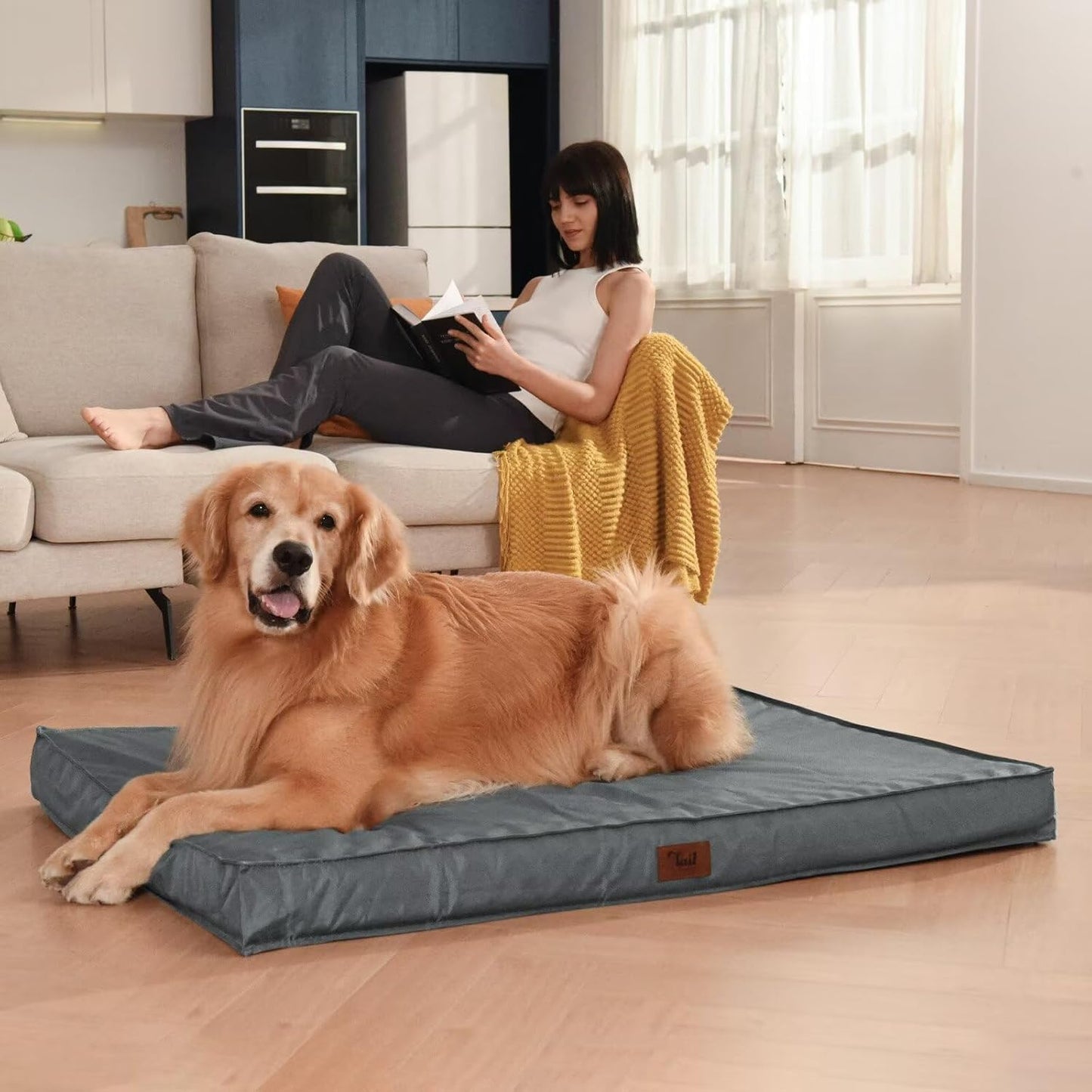 Orthopedic Dog Bed for Large Dogs, Big Waterproof Dog Bed Washable Pet Bed for Large Sized Dogs with Egg Crate Foam Pet Bed Mat, Removable Oxford Cooling Cover, Grey